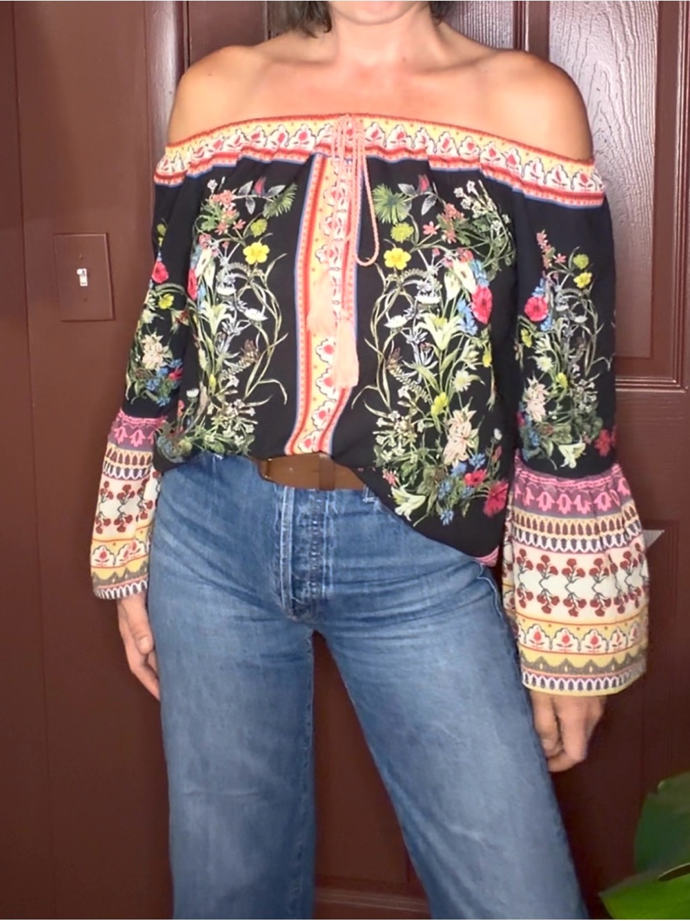 Off-Shoulder Floral Embroidered Peasant Top - Black